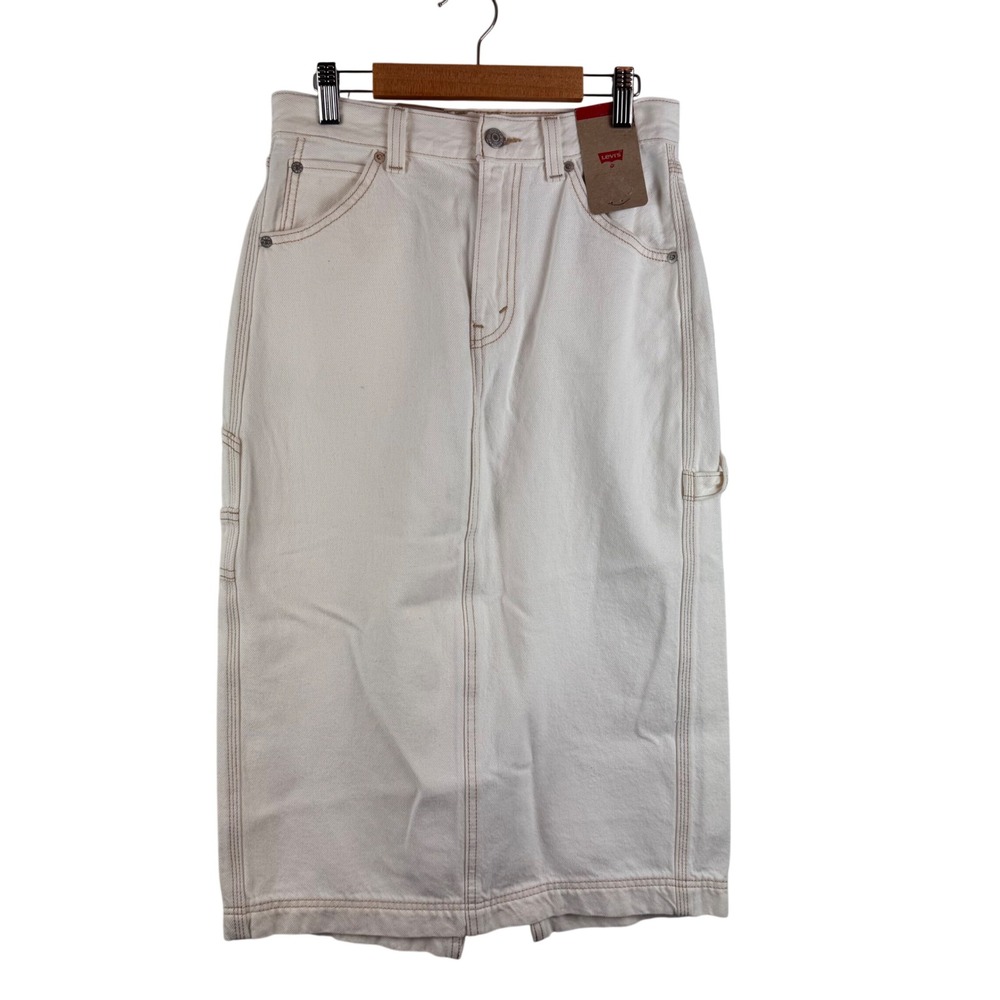 Levis‎ Carpenter Skirt Women 26 Off-White Ecru Utility Midi Denim 001VL-0002